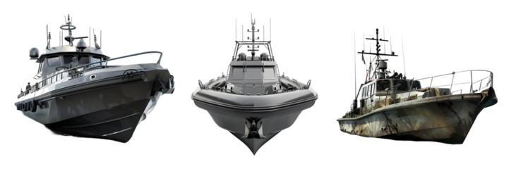 Modern boat, front view boat, and weathered boat isolated on a white background, png