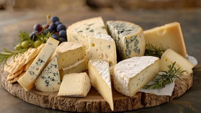 A cheese board featuring artisanal cheeses made with milk from cows grazing on a nearby farm.