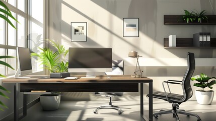 A bright, sunlit office space featuring a wooden desk, computer, plants, and decorative items. The room has large windows that flood the space with natural light.