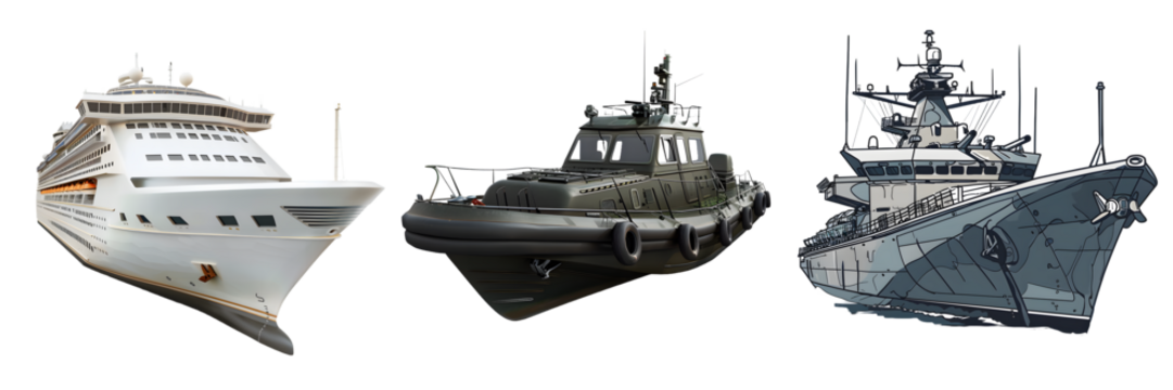 ships including cruise ship, military patrol boat, and naval ship drawing isolated on a white background, png