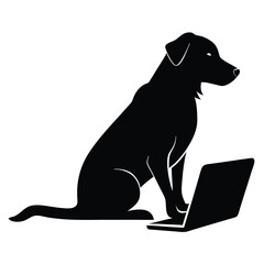 a dog sitting on laptop, vector silhouette,