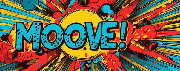 Obraz premium Colorful and energetic pop-art design with bold typography 'MOOVE!' in comic book style