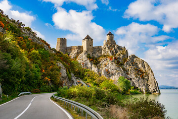 Medieval Golubac fortress rising above the Danube gorge in Serbia