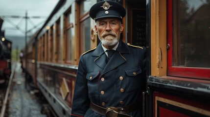 An elderly conductor in a dark blue uniform stands by an old-fashioned train, embodying years of service and wisdom, reflecting on his long career in railway transportation.