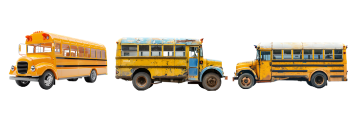 School bus collection in various conditions isolated on a white background, png