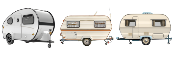 Travel trailer collection with teardrop, rectangular, and modern designs isolated on a white background, png