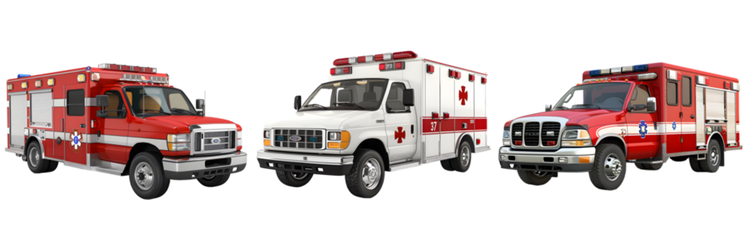 Emergency vehicles including fire truck and ambulance isolated on a white background, png