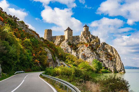 Medieval Golubac fortress rising above the Danube gorge in Serbia