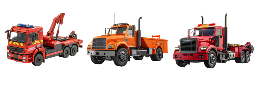 Utility truck collection with fire rescue, dump truck, and semi-truck isolated on a white background, png