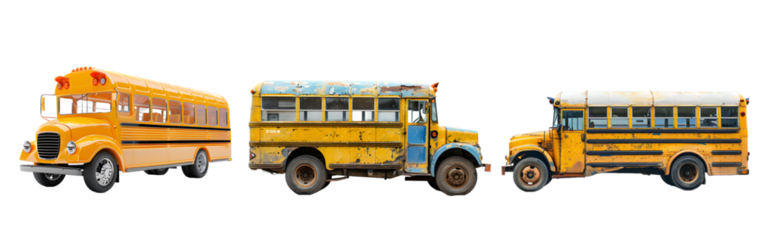 School bus collection in various conditions isolated on a white background, png - Powered by Adobe