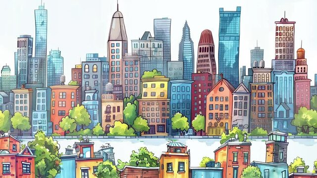 Animated Cartoon Style Cityscape Panorama with Moving Parallax Effect - Dynamic Urban Scene. Creative Projects, Marketing Videos, and Modern Illustrations. Children's drawing. Lovely cute doodle style