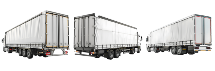 Rear side, side, and opposite rear side view of a semi trailer truck isolated on a white background, png