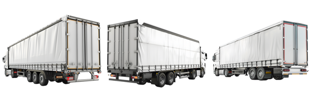 Rear side, side, and opposite rear side view of a semi trailer truck isolated on a white background, png