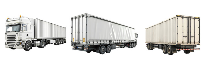 Modern white semi truck with cargo container isolated on a white background, png