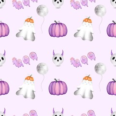 Seamless pattern  watercolor ghost.Cute hand drawn illustration.Background for Halloween design ,wallpaper , pumpkin