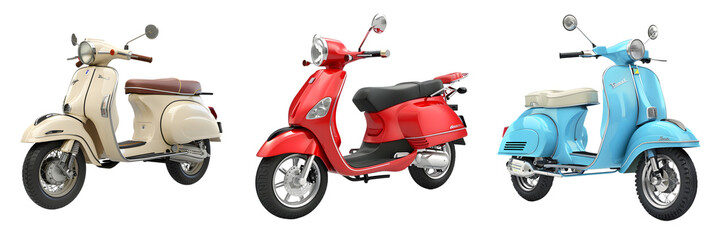 Classic beige, modern red, and retro blue scooter isolated on a white background, png