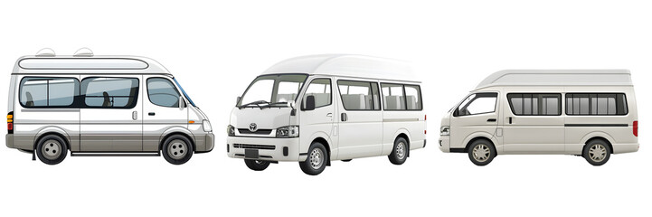 High roof, standard, and extended white passenger van isolated on a white background, png