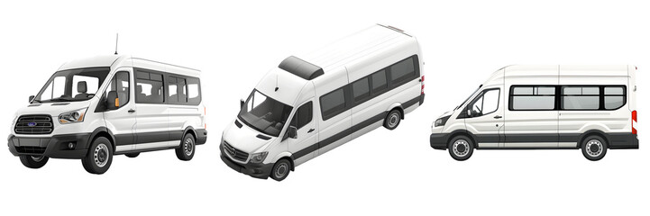 Short, sleek, and extended white passenger vans isolated on a white background, png