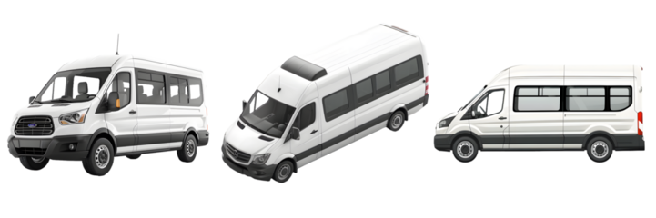 Short, sleek, and extended white passenger vans isolated on a white background, png