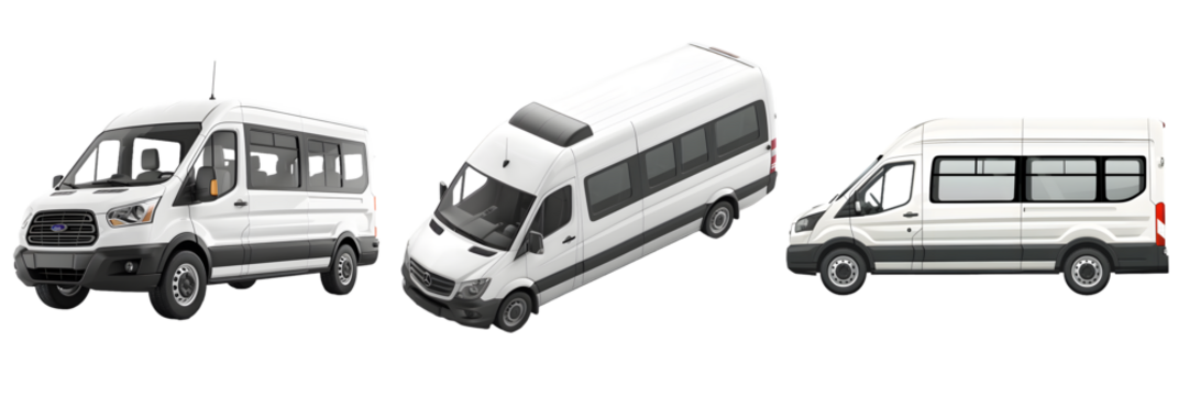 Short, sleek, and extended white passenger vans isolated on a white background, png