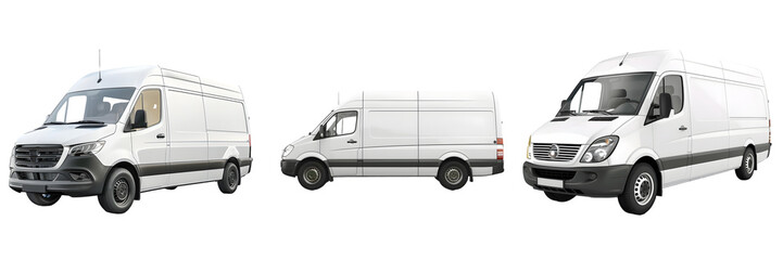 Front, side, and rear views of white cargo vans isolated on a white background, png