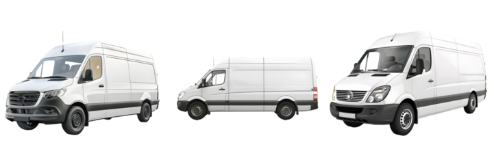 Front, side, and rear views of white cargo vans isolated on a white background, png