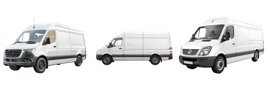 Front, side, and rear views of white cargo vans isolated on a white background, png