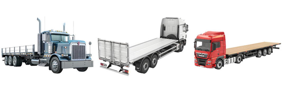 Blue flatbed, white box, silver pickup, and red flatbed truck isolated on a white background, png