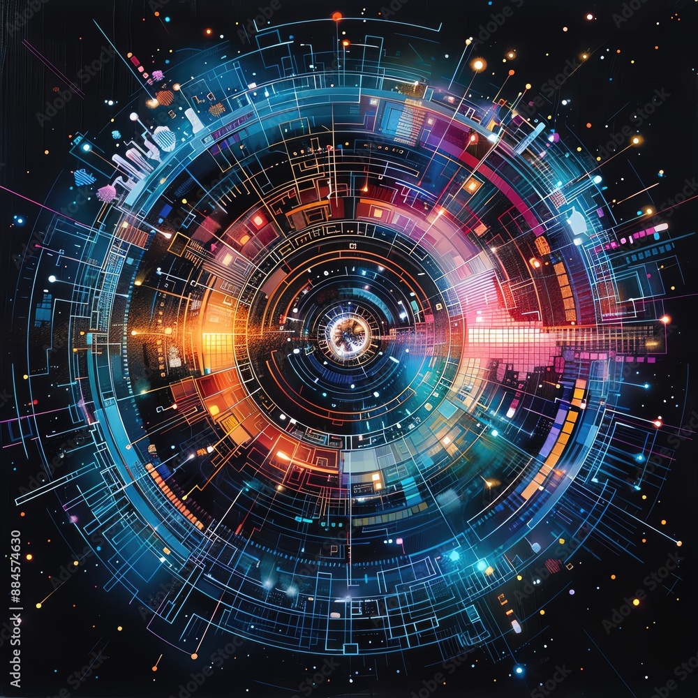 Poster futuristic digital abstract background with a colorful circular pattern, symbolizing technology, dat