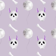 Seamless pattern  watercolor ghost.Cute hand drawn illustration.Background for Halloween design.scull ,wallpaper