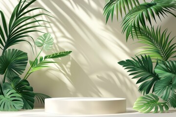 Obraz premium Elegant green and beige background with empty podium and tropical leaves