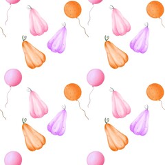 Seamless pattern  watercolor ghost.Cute hand drawn illustration.Background for Halloween design.Pink ball ,wallpaper,pumpkin