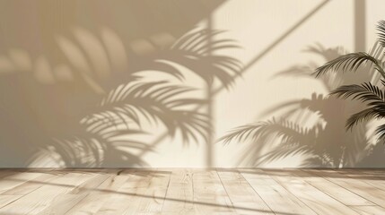 Corporate branding ad template with palm leaf shadows on beige wall wooden floor empty room design with copy space