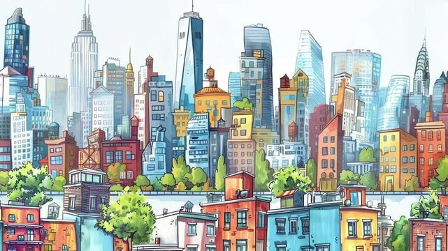 Animated Cartoon Style Cityscape Panorama with Moving Parallax Effect - Dynamic Urban Scene. Creative Projects, Marketing Videos, and Modern Illustrations. Children's drawing. Lovely cute doodle style