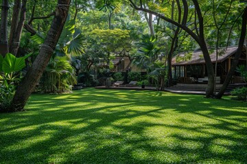 Fototapeta premium Lush tropical garden with a well manicured lawn under the shade of tall trees