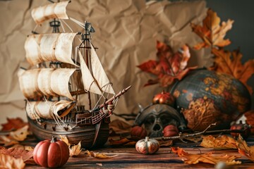 Classic model sailing ship surrounded by colorful autumn leaves, with a globe and pirate skull