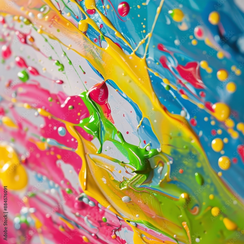 Poster a macro shot of colorful paint splatters.