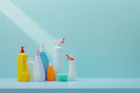 Various cleaning products on a blue surface with a light beam.