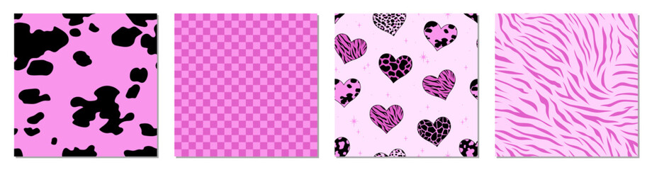 Animal seamless patterns. Vector set. Retro collection. Black and pink backgrounds. Fabric, textile print.