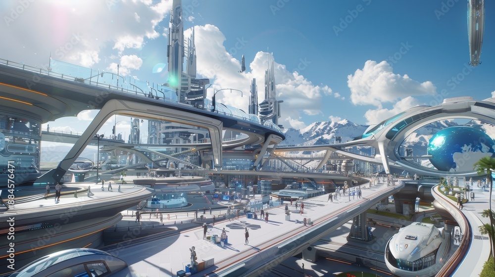 Poster a wide shot of a futuristic transportation hub with hyperloop stations.