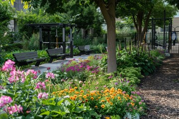 Obraz premium Peaceful urban garden with benches surrounded by blooming flowers and greenery