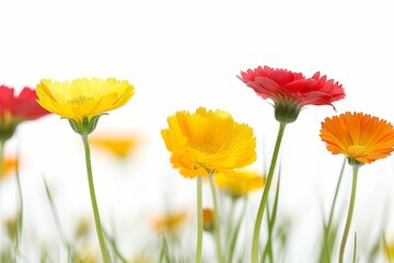 Bright yellow and red flowers against a white background creating a cheerful floral composition