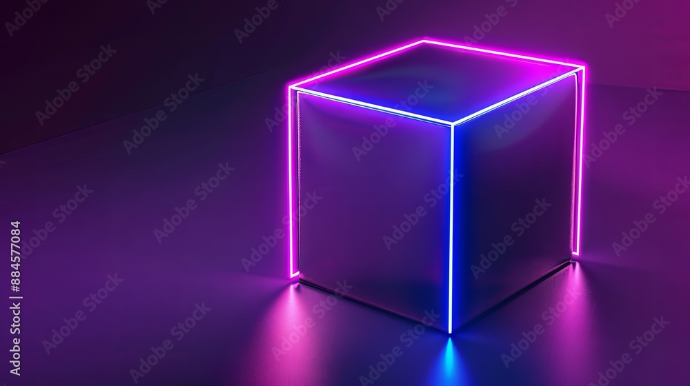 Poster neon cube box glows in ultraviolet light, creating an abstract 3d background.