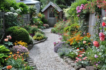 Colorful cottage garden with vibrant flowers and neatly arranged plants creating a charming landscape