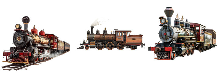 Fototapeta premium Trio of vintage steam locomotives with intricate details isolated on a white background, png