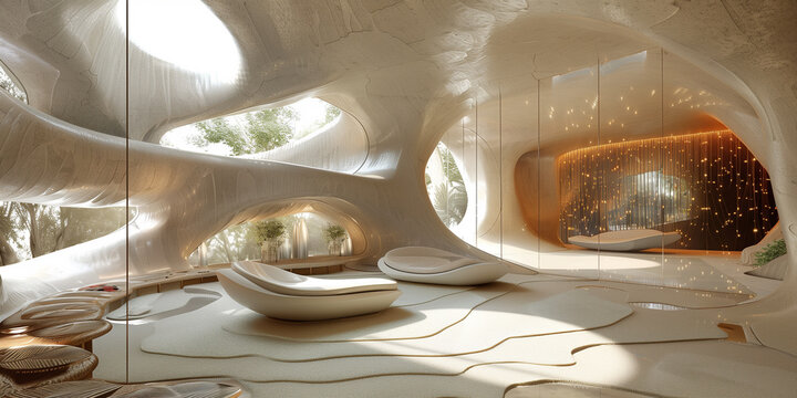Beautiful modern Futuristic bionic forms architecture. Indoor space interior. Concrete, glass, plants. Digital art. Social media post, graphic element, banner, print, wallpaper. Generative Ai content - Powered by Adobe