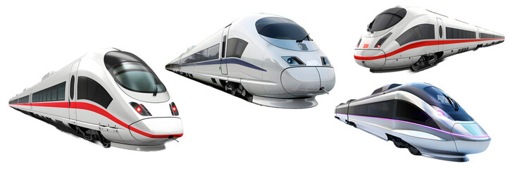 High speed trains with aerodynamic designs and diverse color schemes isolated on a white background, png