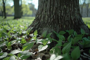 Obraz premium Forest floor with green plants and tree trunks creating a natural and serene woodland scene