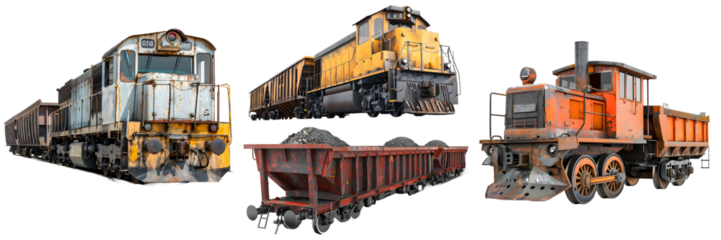 Model of diesel-electric and steam locomotives with hopper cars isolated on a white background, png