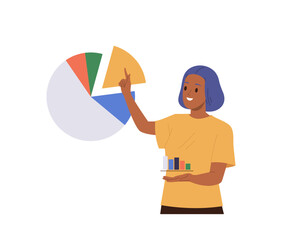 Businesswoman freelancer analyzing pie charts comparing with trade stock market analytics column